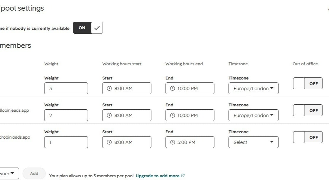 Rep working hours, timezone, and out-of-office settings