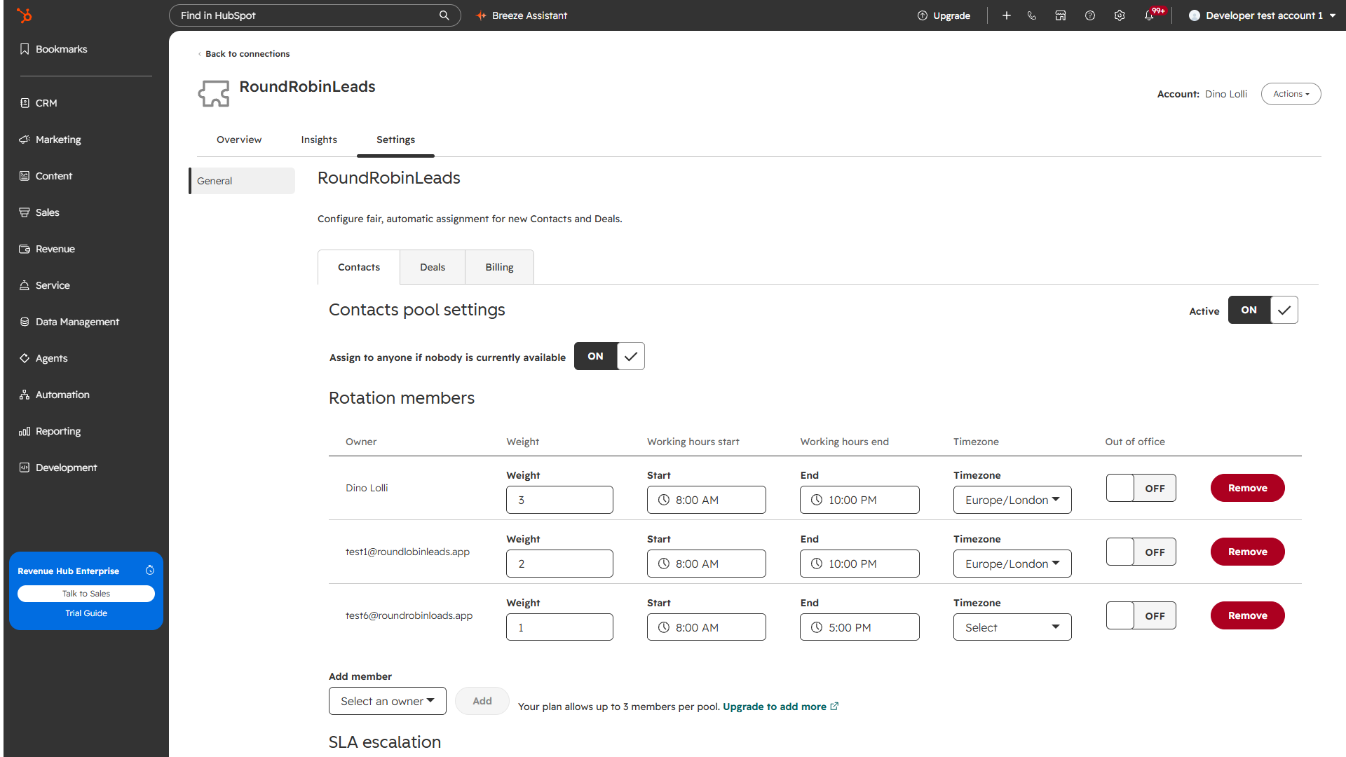 Rotation pool settings showing automatic owner assignment for contacts